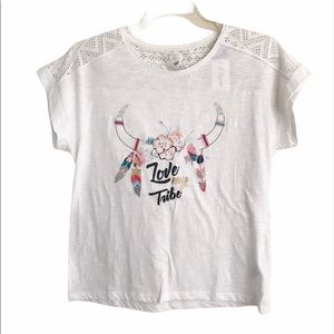 ETAM Boho Bull Horns/Feathers Graphic SS T Shirt L